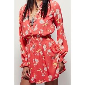 Free People Ruthie Coral‎ Floral Print Button Front Mini Shirt Dress flowy Large